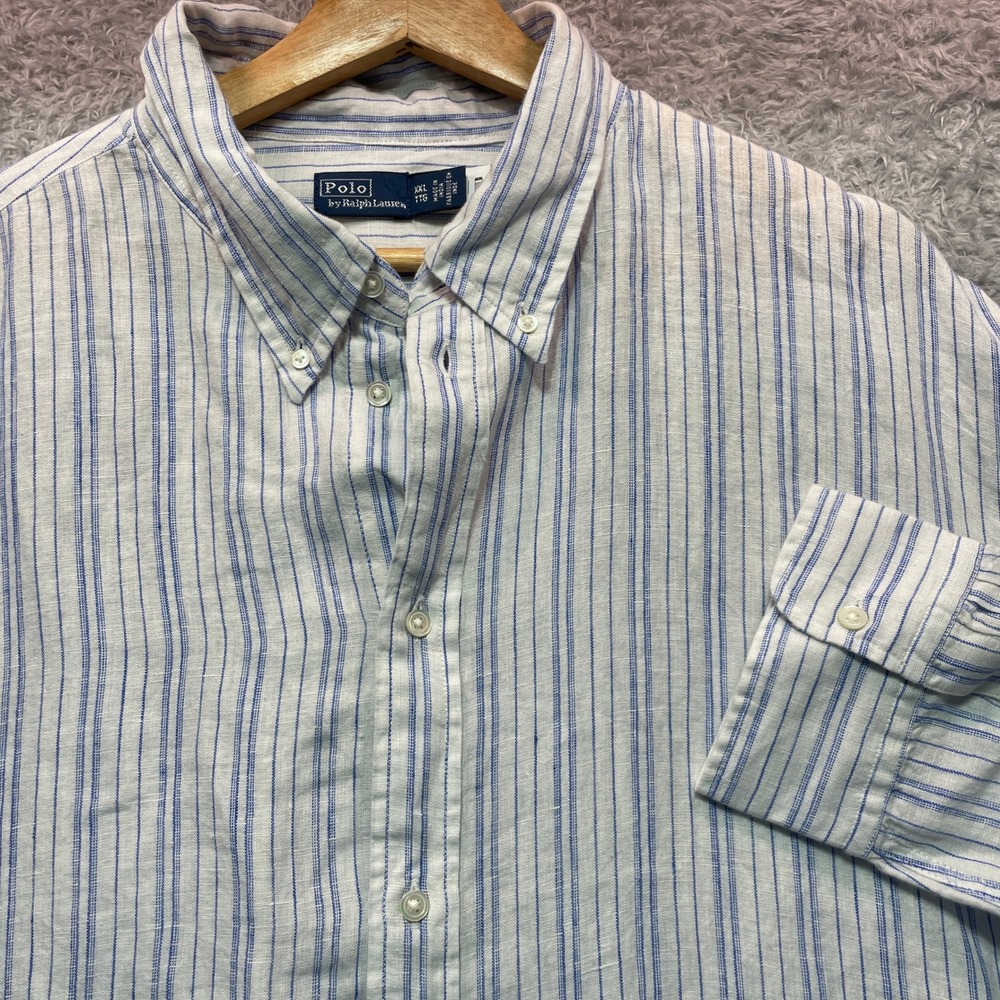Polo Ralph Lauren Mens XXL Blue White Striped Linen Button Down Shirt LS